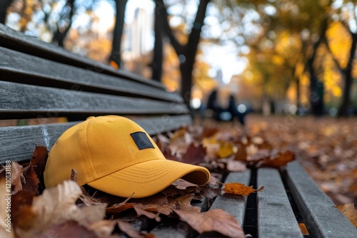 A yellow cap lies amidst vibrant autumn leaves on a park bench, representing the beauty of change and the seasonal transition in an inviting and serene environment.