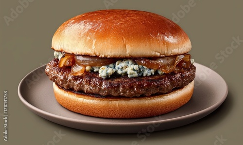 Wallpaper Mural Bold and savory blue cheese cheeseburger with caramelized onions on a smooth gray plate Torontodigital.ca