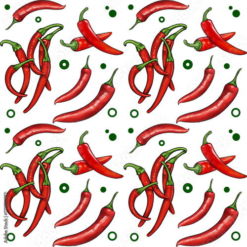 Red chili pattern illustration with green dots on transparent background