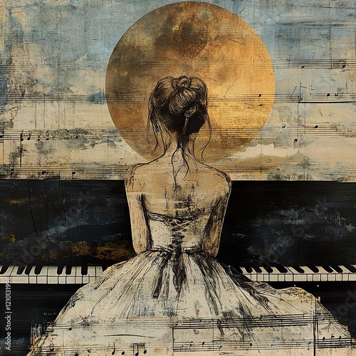 Woman in Dress at Piano Under a Moonlit Sky