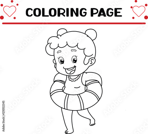 little girl is very excited swimming pool with swimming tire coloring page for kids