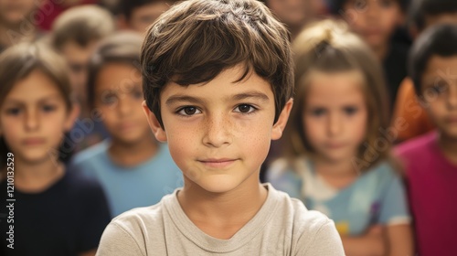 Confident Young Boy Standing in Focus Among Classmates with Colorful Background in Bright Classroom Environment