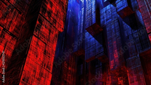 Fototapeta Naklejka Na Ścianę i Meble -  Red blue futuristic city digital art, glowing, abstract background, sci-fi design