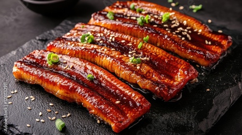 Grilled eel sushi served on dark stone with sesame seeds and green onions garnishing for an appetizing presentation photo