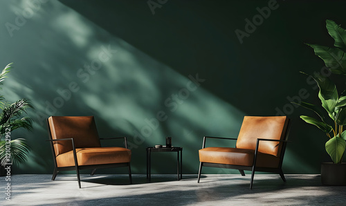 Modern minimalist interior design with an empty dark green wall background and two brown leather armchairs