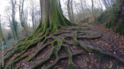 Tangled roots of an ancient tree adorned with lush moss in a serene woodland setting during winter. photo