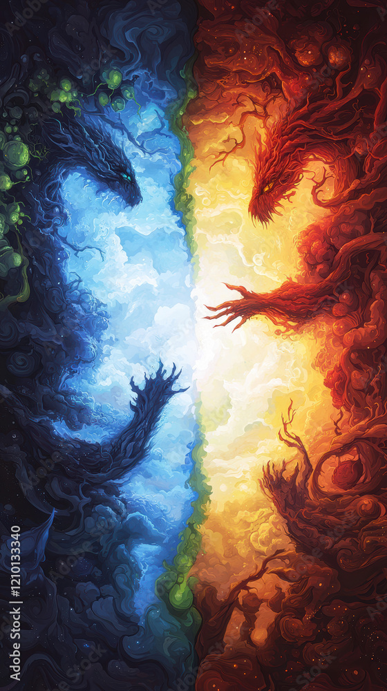 Fototapeta premium vibrant duel between elemental forces, showcasing blue and orange deities in cosmic clash