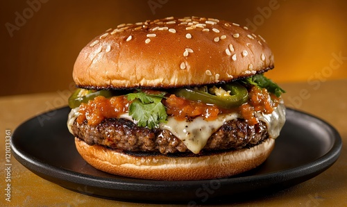 Spicy jalapeno burger with pepper jack cheese and hot sauce served on a black plate against a muted yellow background