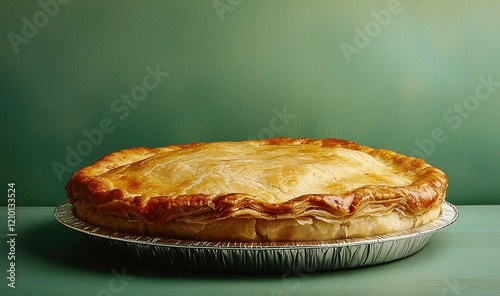 Freshly baked pie showcasing a golden crust placed on a decorative silver pie dish against a soft green background