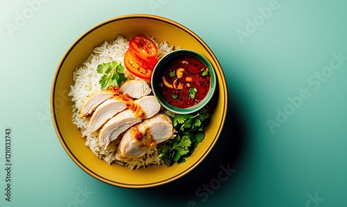 Hainanese chicken rice with tender chicken, aromatic rice, and chili sauce on a yellow plate against a blue background