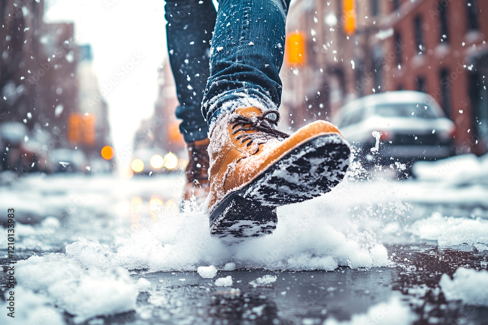 Naklejka premium a person walking in the snow on a street with their feet in the snow and their shoes in the air