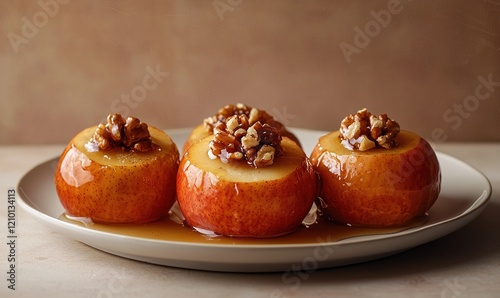 Delicious baked apples stuffed with honey, cinnamon, and walnuts served on a cream plate for a sweet dessert