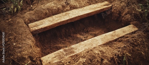 Rustic wooden planks in a freshly dug grave outdoors