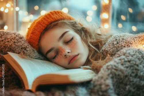 A bored teenager lying on their stomach, flipping through a book with half-closed eyes and little enthusiasm