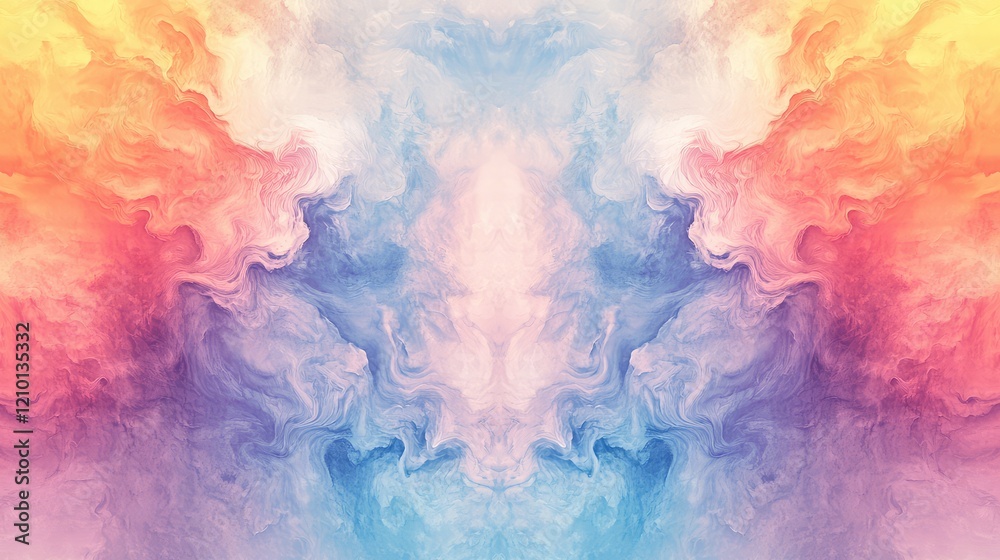 Fototapeta premium Symmetrical Pastel Gradient Swirls in Soft Pink Orange Blue and Purple Hues with Ethereal Texture Background Design for Creative Applications