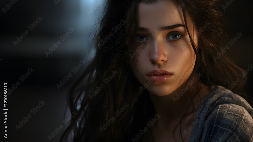 Serene Portrait of a Woman with Long Brown Hair Serene Portrait of a Woman with Long Brown Hair