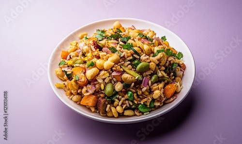Quadro su tela Crunchy bhel puri with vegetables and chutney served on a white plate against a