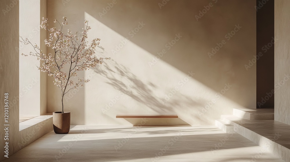 Minimalist Interior Design Featuring Blooming Branch and Bench Minimalist Interior Design Featuring Blooming Branch and Bench