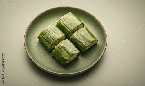 Kakawhine is a traditional Maori dessert featuring coconut and banana wrapped in leaves, served on a smooth green plate photo