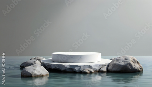 Wallpaper Mural a minimalist product display platform with a stone-like texture, set in a serene environment of water and rocks Torontodigital.ca