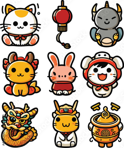 Chinese new year icon set. Lunar year decorations elements. Happy Lunar Year photo