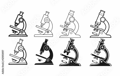 Six black and white microscope icons in various styles, including outline and solid fill, suitable for educational materials, scientific presentations, or website graphics.