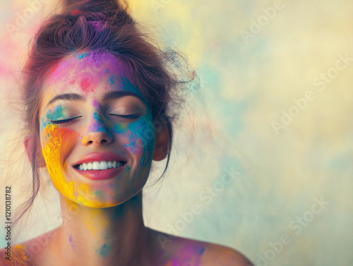 Portrait of a woman with colorful powder color on face - ai generative