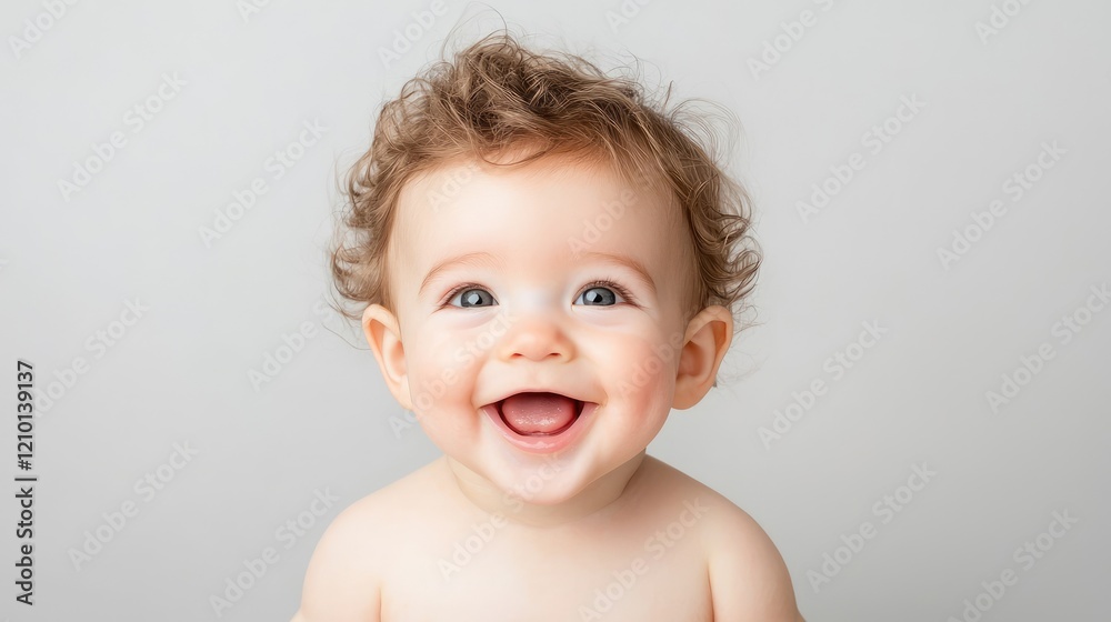 Happy baby portrait, studio shot, grey background, joyful expression, child photography Happy baby portrait, studio shot, grey background, joyful expression, child photography