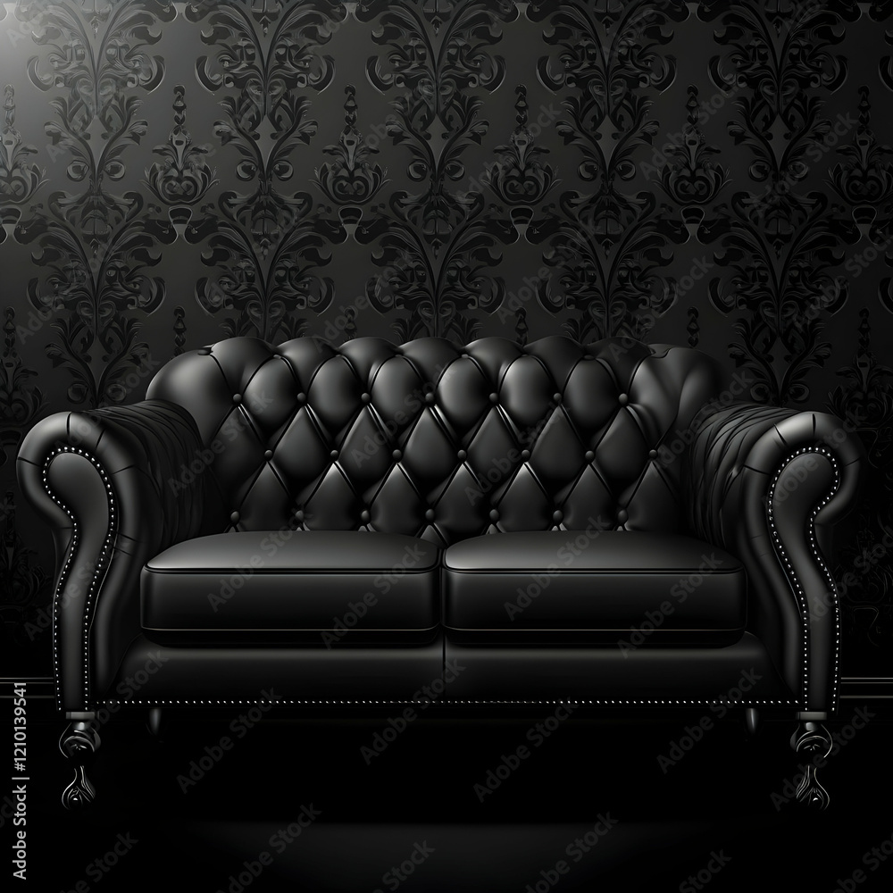 Obraz premium Black leather sofa against dark wallpaper with a decorative ornamental pattern, vector illustration.