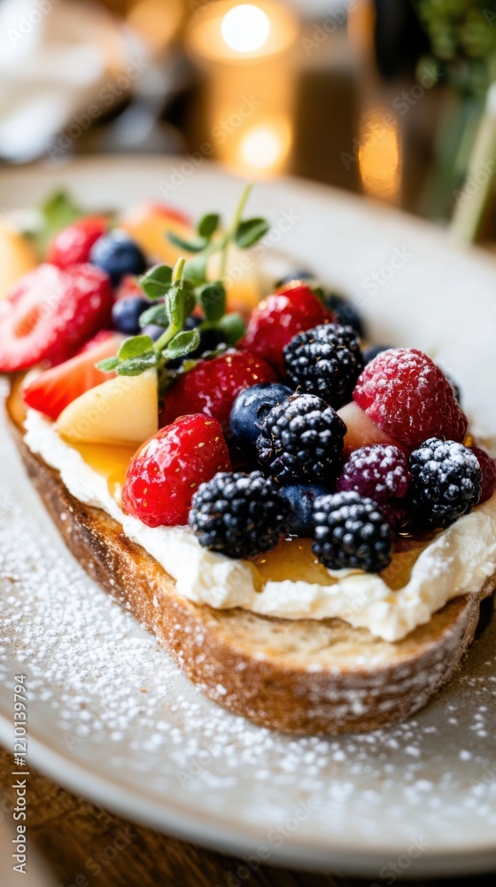 Rustic farm bread topped with cream cheese, fresh berries, and honey drizzle Rustic farm bread topped with cream cheese, fresh berries, and honey drizzle