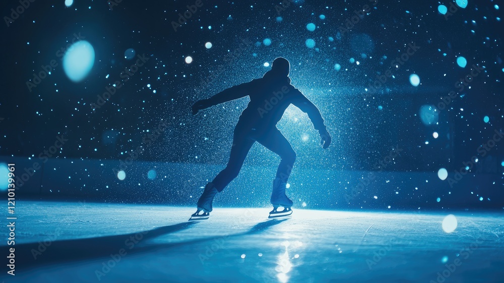 Fototapeta premium Ice skater performs at night, surrounded by falling snow in spotlight