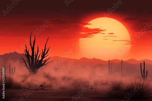 A pixel art depiction of a yucca tree in a desert scene, with animated sand blowing and a glowing sun setting in the background