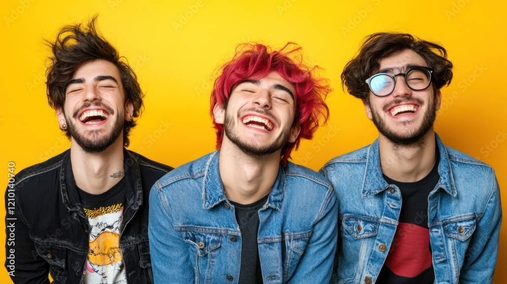 Joyful young men laughing, yellow background, studio shot, friendship Joyful young men laughing, yellow background, studio shot, friendship