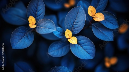 Blue leaves, yellow buds, garden, dark background, nature photo