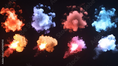 Gun effect, space blasters or magic explosion, colorful vfx clouds. beams and rays. Raygun futuristic alien weapon boom. Game or comic book smoke, fume or haze, Cartoon vector illustration, set photo