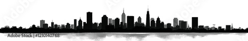 A minimalist black and white silhouette of a city skyline reflecting on water.