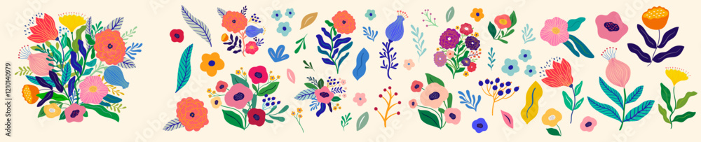 Beautiful romantic flower collection with roses, leaves, floral bouquets, flower compositions.	