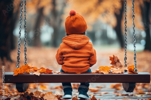 A child sitting alone on a swing in a quiet park, with autumn leaves scattered across the ground and no one else in sight