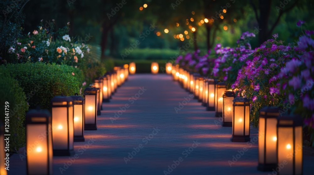 Obraz premium Festive lanterns illuminate a garden path adorned with blooming flowers during a tranquil evening celebration