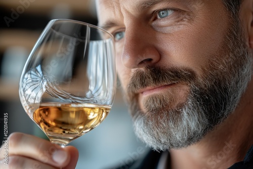 A close-up shot reveals a man savoring a glass of wine, capturing the essence of sophistication, enjoyment, and contemplation amidst a stylish setting.