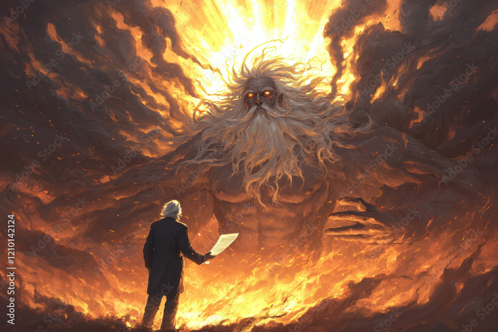 Fototapeta premium figure stands before powerful deity, illuminated by radiant light and surrounded by dark clouds. scene conveys sense of awe and confrontation