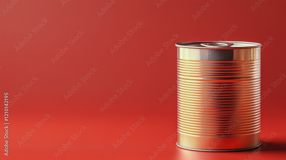 Closed metallic tin can against red background Closed metallic tin can against red background