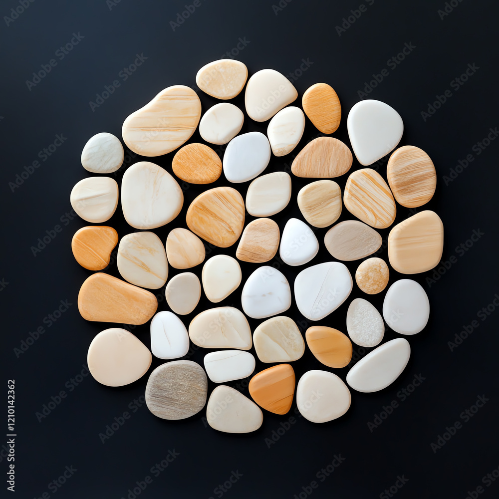 A collection of smooth stones arranged in a circular pattern, showcasing natural textures and colors on a dark background. A collection of smooth stones arranged in a circular pattern, showcasing natural textures and colors on a dark background.