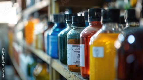 Various colorful chemical bottles are sitting on a shelf in a laboratory, showcasing the diverse reagents used in scientific research or industrial processes
