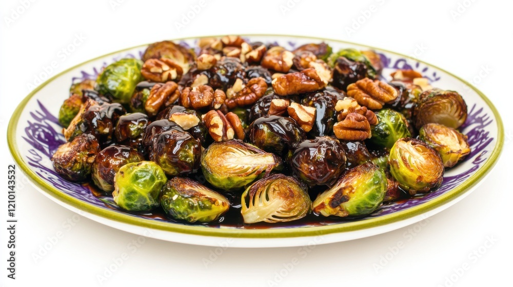 A colorful plate of roasted Brussels sprouts with balsamic glaze and toasted pecans, Each bite packed with savory and tangy flavors