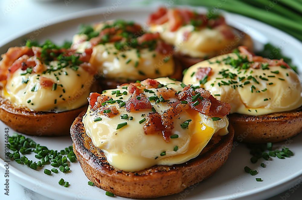 A plate of eggs Benedict featuring perfectly poached eggs, rich hollandaise sauce, and Canadian bacon served on a toasted English muffin, garnished with fresh herbs like chives and parsley. A plate of eggs Benedict featuring perfectly poached eggs, rich hollandaise sauce, and Canadian bacon served on a toasted English muffin, garnished with fresh herbs like chives and parsley.