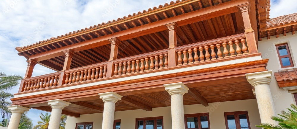 Tropical home's wood balcony, pillars, & pergola; sunny day Tropical home's wood balcony, pillars, & pergola; sunny day