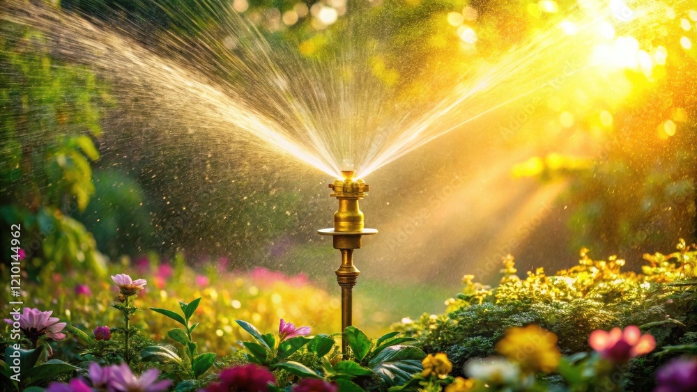 Fototapeta premium Golden Hour Sprinkler Waters Vibrant Blossoms in a Lush Garden