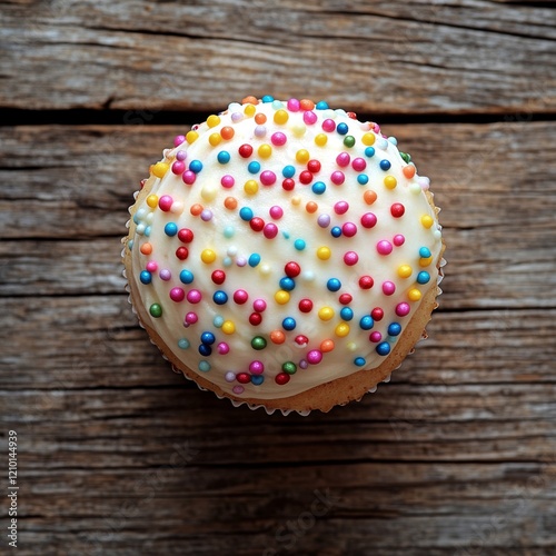 Colorful cupcake with sprinkles on wood photo