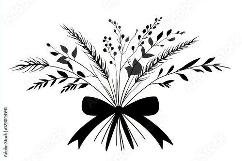 A simple black-and-white line drawing of wheat stalks tied together, symbolizing a gathered harvest photo